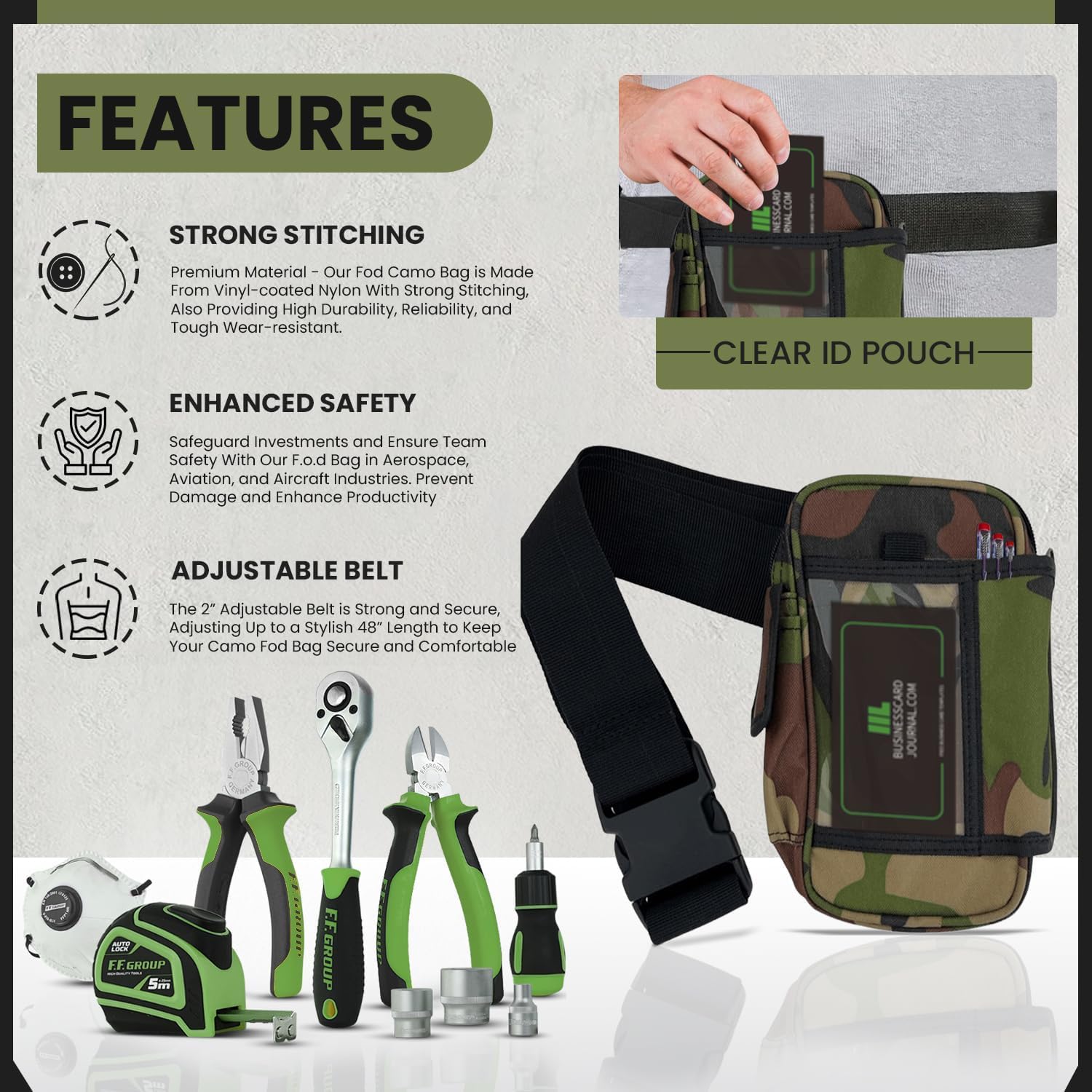 FOD Camo Tool Bag with Multiple Pockets and Adjustable Belt - Image 6